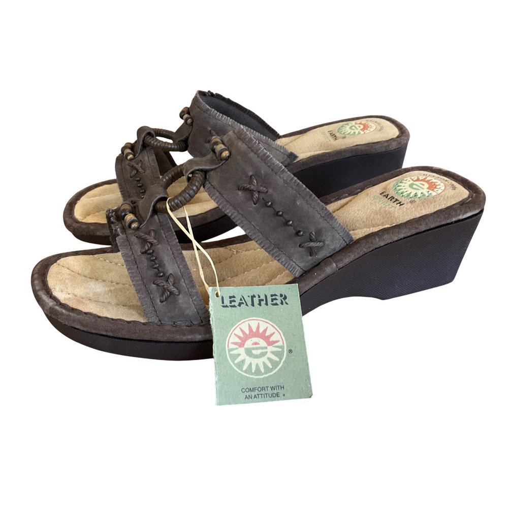 Earth Spirit Magnolia Sandals Womens 11 Brown Leather Wedge Boho Beaded Slides